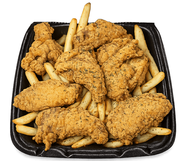 Fried Chicken and french fries in a black carry out box